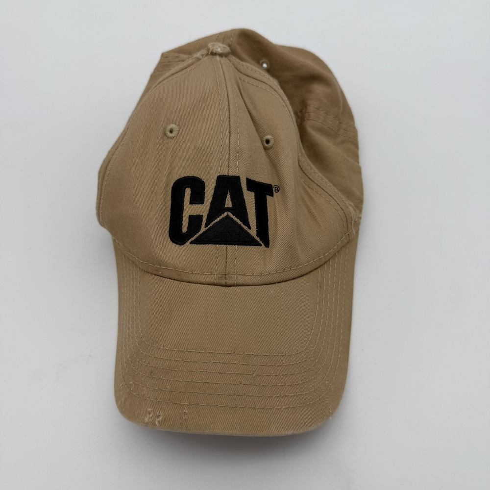 Caterpillar CAT Baseball Cap Tan Khaki Cotton Distressed Adjustable Hat